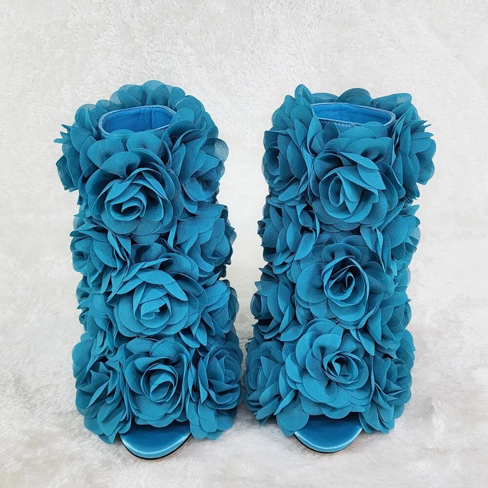 NIB Beauty 3D Flowers Floral High Heel Xoanna Elegant Ankle Boots Teal Blue - Picture 7 of 16